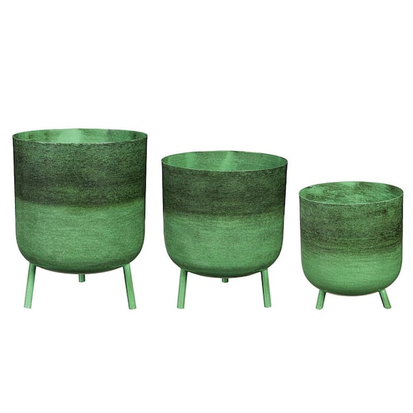 Evergreen Embossed Green Metal Planters with Legs, Nested Set of 3