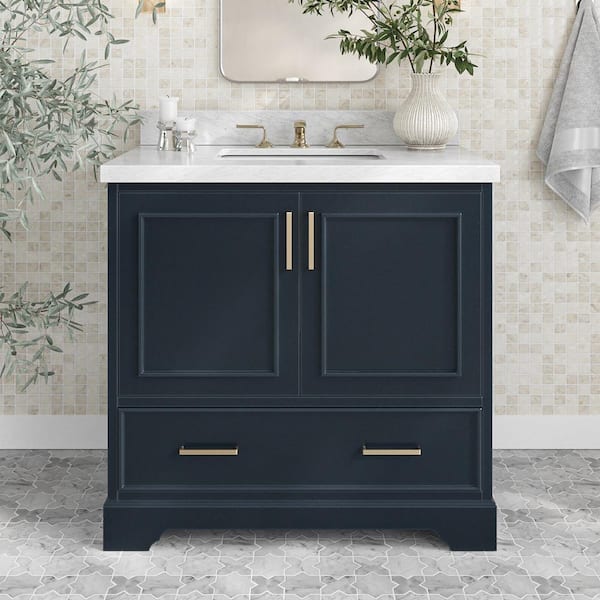 ARIEL Stafford 36 in. W x 22 in. D x 36 in. H Single Sink Bath Vanity in Midnight Blue with Carrara White Marble Top