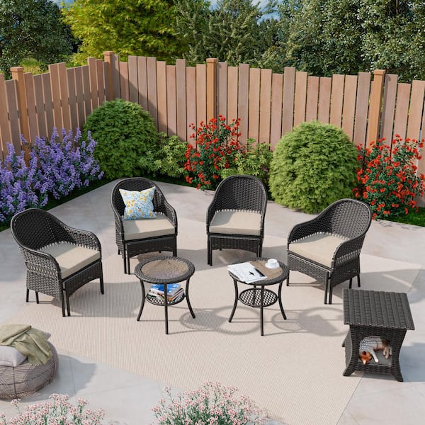MeetLeisure 11-Piece Outdoor Wicker Patio Conversation Seating Set with Beige Cushions and Pet Side Table