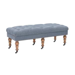 Isabelle Blue Washed Linen 50"L Tufted Ottoman with Turned Distressed Finished Legs