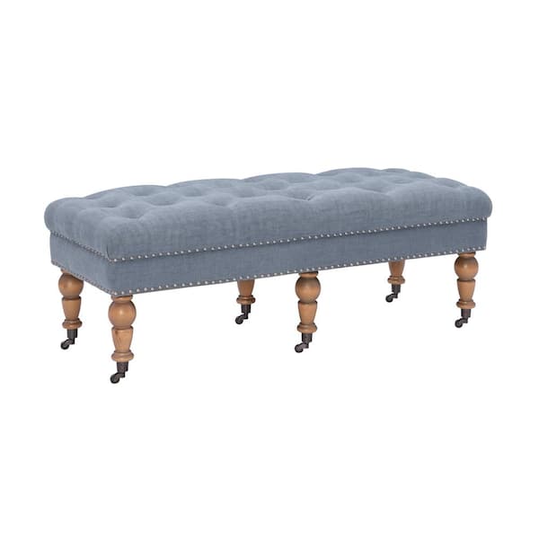 Linon Home Decor Isabelle Blue Washed Linen 50"L Tufted Ottoman with Turned Distressed Finished Legs