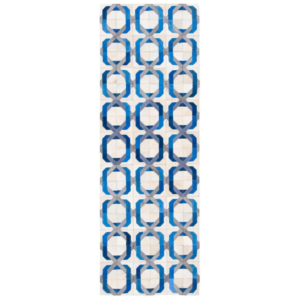 Ivory Geometric Hand-Stitched Cowhide Area Rug - Reversible & Washable