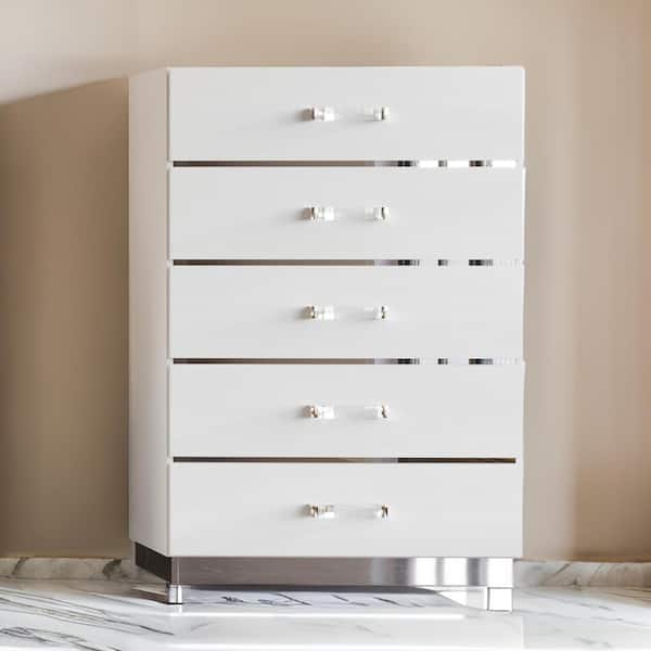 White and Clear 5-Drawers 31.5 in. Chest of Drawers Dresser Without Mirror
