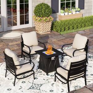 Black Metal Slatted 4 Seat 5-Piece Steel Outdoor Patio Conversation Set with Beige Cushions and Square Fire Pit Table