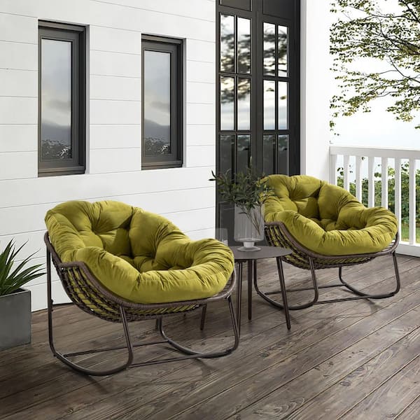 Metal Rattan Outdoor Rocking Chair Padded Cushion Rocker Recliner Chair with Olive Green Cushion for Porch Patio LT 255 The Home Depot