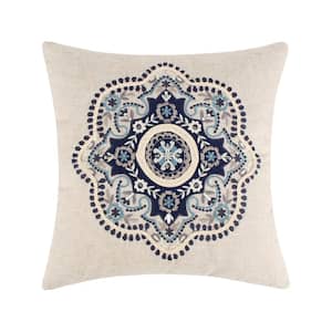 Lorrance Cream, Navy, Teal, Taupe Medallion Embroidered 18 in. x 18 in. Throw Pillow