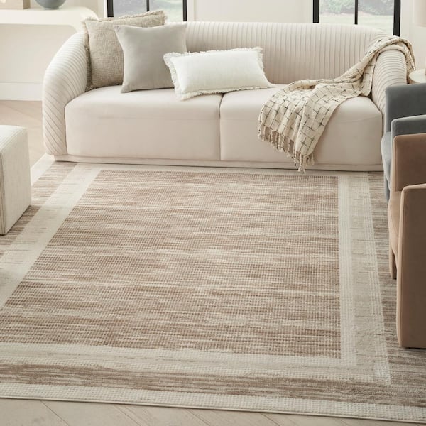 Serenity Home Mocha Ivory 8 ft. x 10 ft. Banded Contemporary Area Rug