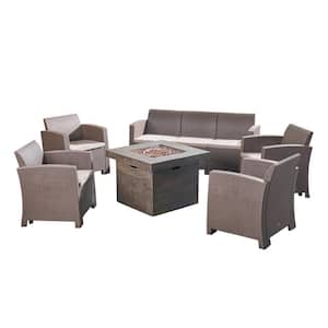 Selway Brown 6-Piece Faux Rattan Patio Fire Pit Conversation Set with Beige Cushions
