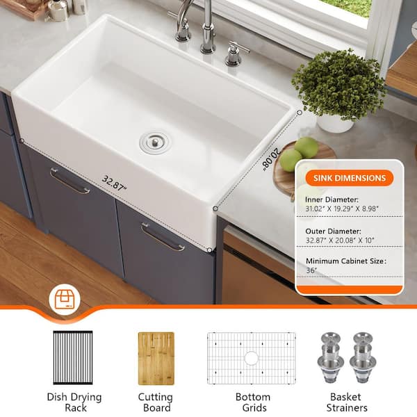 33 in. Fireclay Single Bowl Farmhouse Apron Undermount Workstation Kitchen Sink in White with Accessories