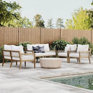 Freya Bohemian 4-Piece Outdoor Couch Patio Furniture Set, Solid Acacia Wood Frame Conversation Set, Linen White Cushions