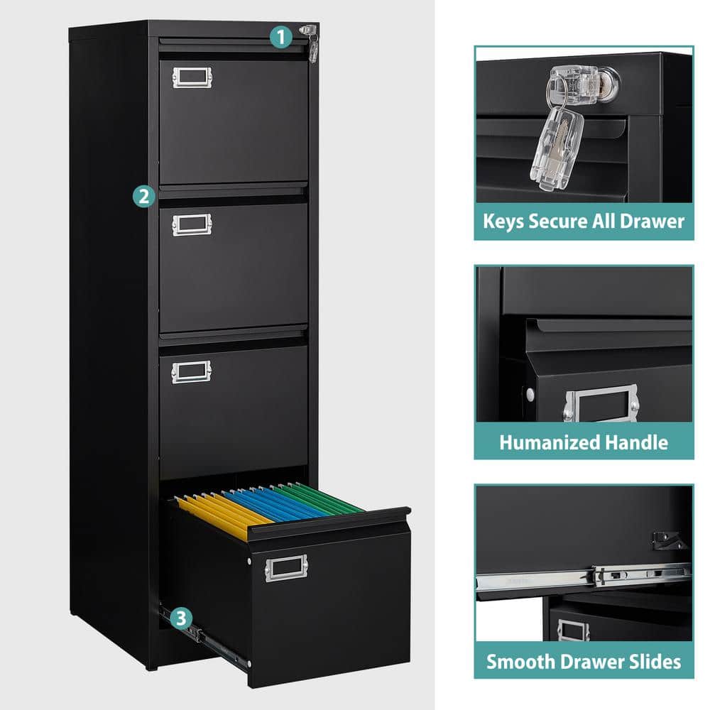 Black Metal Vertical 4-Drawer Lockable File Cabinet