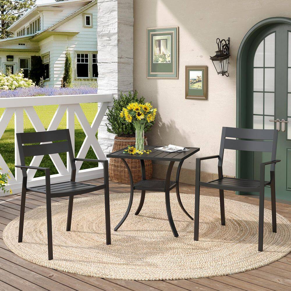 3-Piece Metal Outdoor Patio Dining Set with 27.6 in. Black Square Slatted Table and 2 Black Stackable Dining Chairs price history on PriceWatchPro