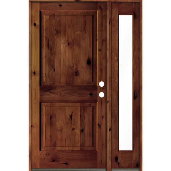 Krosswood Doors 56 in. x 80 in. knotty alder Left-Hand/Inswing Clear Glass Red Chestnut Stain Square Top Wood Prehung Front Door w/RFSL