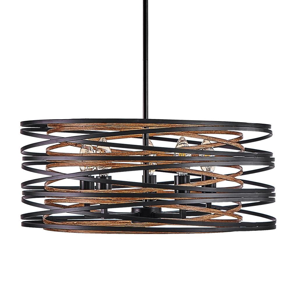 "20"" 5-Light Black & Walnut Rustic Chandelier Farmhouse Industrial Metal Cage Pendant Light Fixture with Adjustable Rods" price history on PriceWatchPro