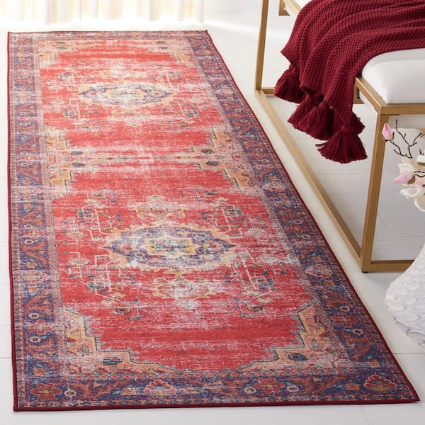 Tucson Red/Navy 3 ft. x 8 ft. Machine Washable Medallion Floral Distressed Runner Rug