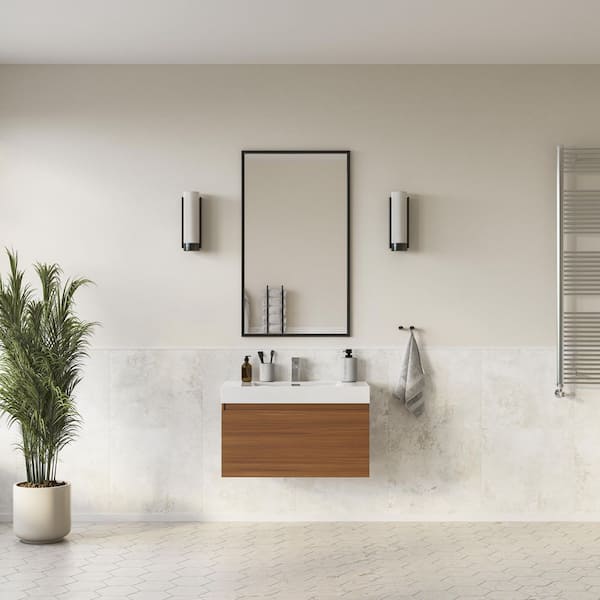 Mezzo 36 in. Modern Wall Hung Bath Vanity in Teak with Vanity Top in White with White Basin