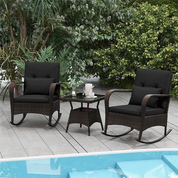 Brown 3-Piece Metal Rectangle 20 in. Outdoor Bistro Set with Cushions Black