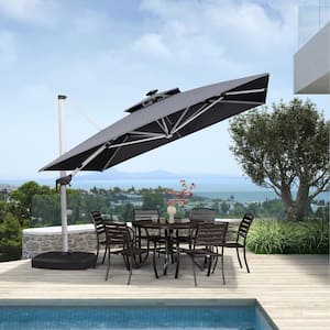 11 ft. Square Aluminum Solar Powered LED Patio Cantilever Offset Umbrella with Wheels Base, Gray