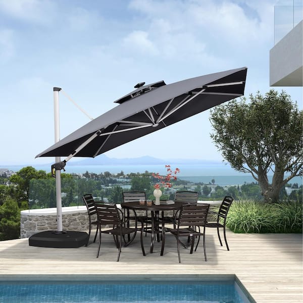 PURPLE LEAF 11 ft. Square Aluminum Solar Powered LED Patio Cantilever Offset Umbrella with Wheels Base, Gray