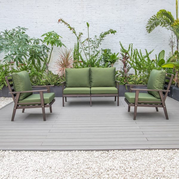 Leisuremod Walbrooke Brown 3-Piece Aluminum Patio Set with Removable Green Cushions Loveseat and Armchairs (Set of 2)