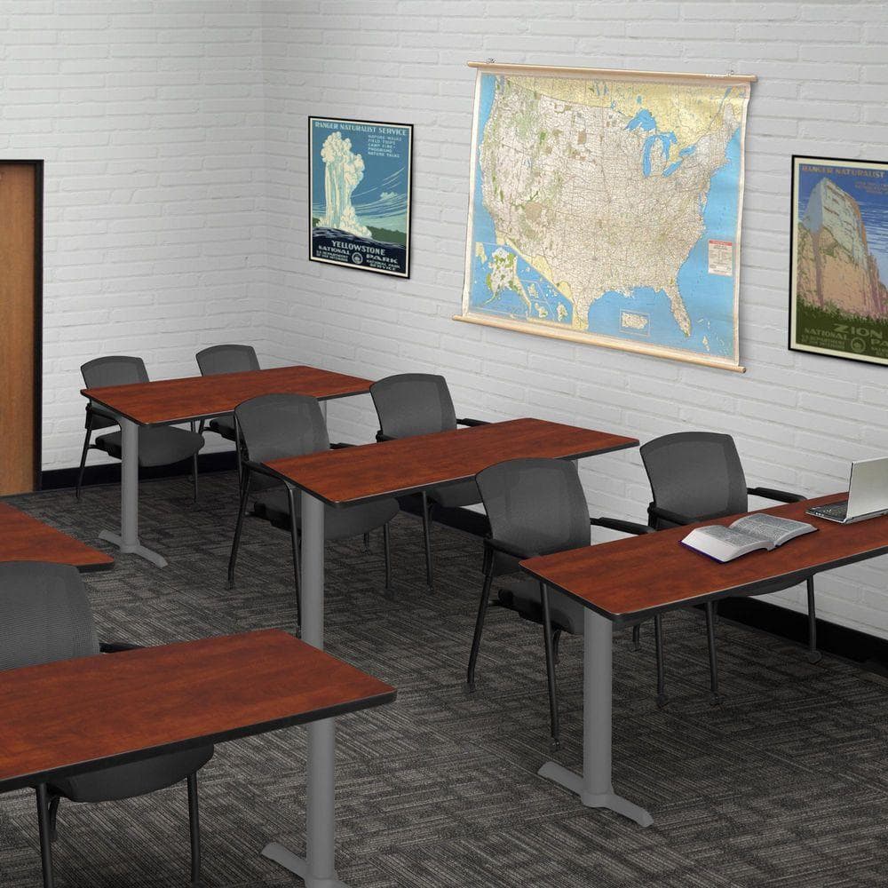 Cain 48 in. x 24 in. Cherry Table Top T-Base Training Seminar Table Desk, Grey Base and 2 Knight Mesh Chairs
