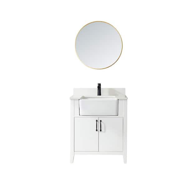 ROSWELL Sevilla 30 in. W x 22 in. D x 33.9 in. H Single Sink Bath Vanity in White with White Stone Countertop and Mirror