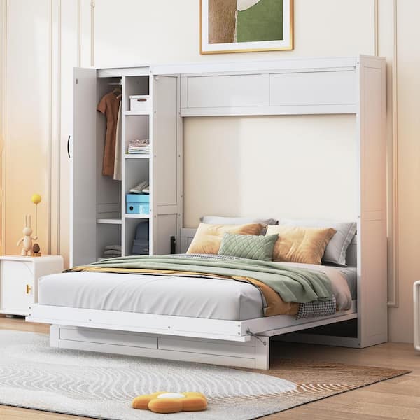 White Wood Frame Queen Size Murphy Bed with 6-Shelves, Wardrobe and 2-LED Lights