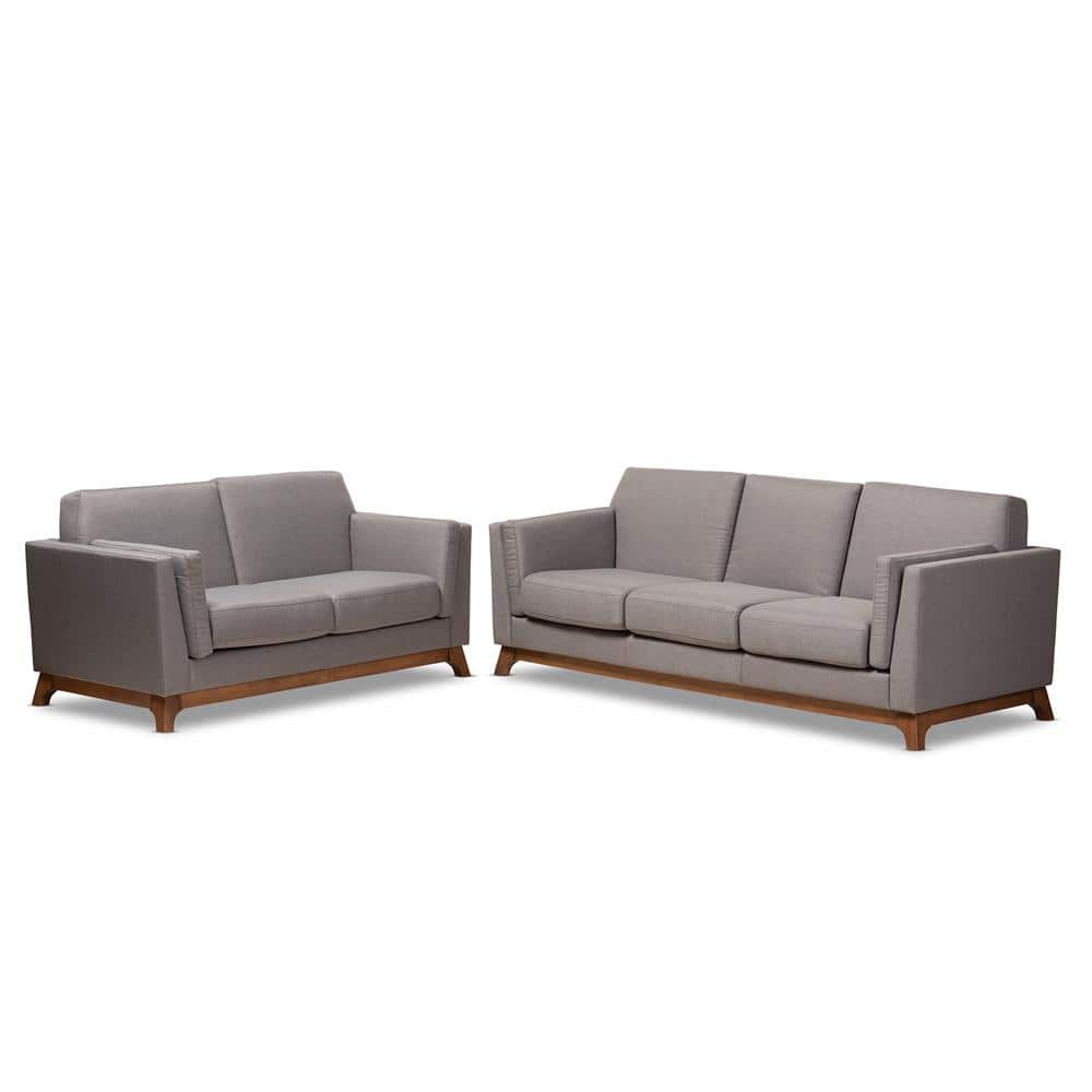 Sava Mid-Century Modern Grey Fabric Walnut Wood 2-Piece Sofa Set