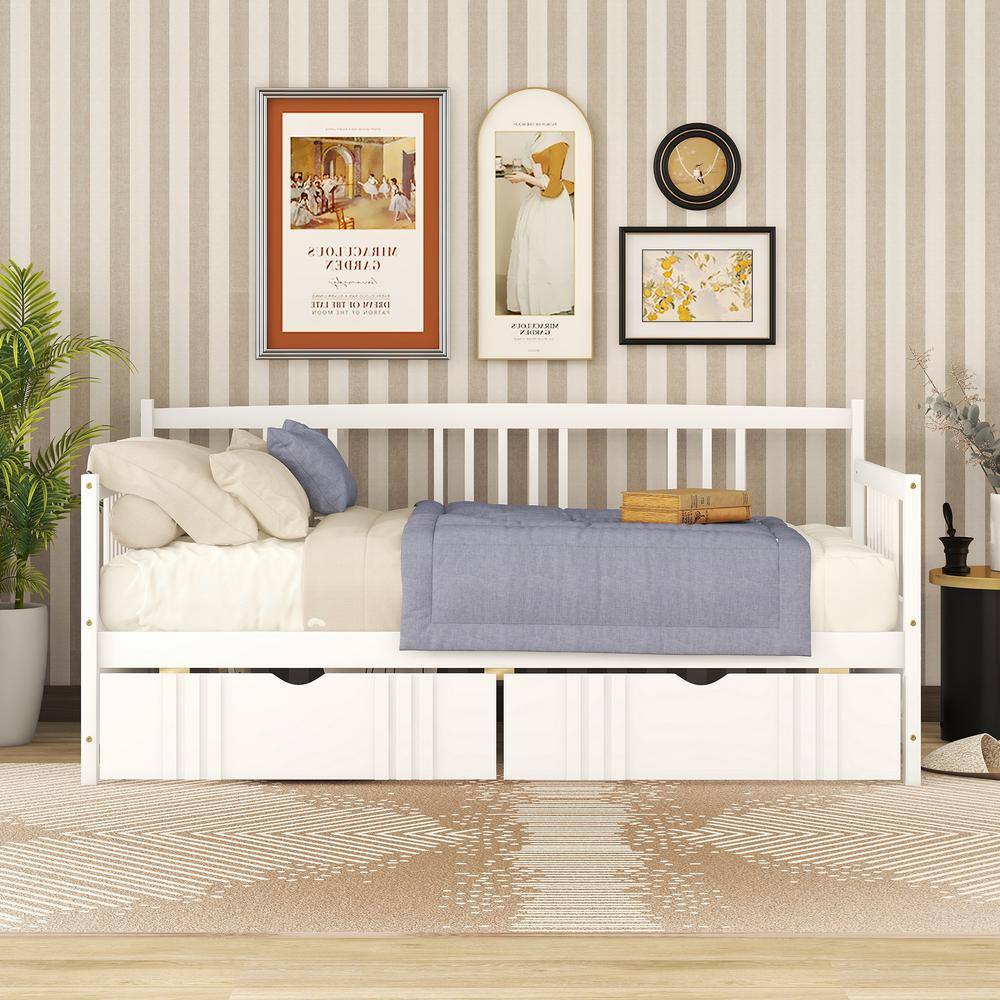 White Twin Size Pine Wood Daybed with 2 Drawers