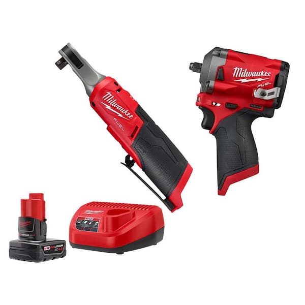 Milwaukee M12 FUEL 12-Volt Lithium-Ion Brushless Cordless High Speed 3/8 in. Ratchet & 3/8 in. Impact Wrench w/Battery & Charger