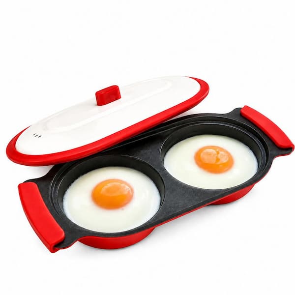 10.2 in. x  4.3 in. 2-Egg Red Microwave Egg Cooker and Poacher with PTFE Nonstick Metal Heating Plate, Vented Lid