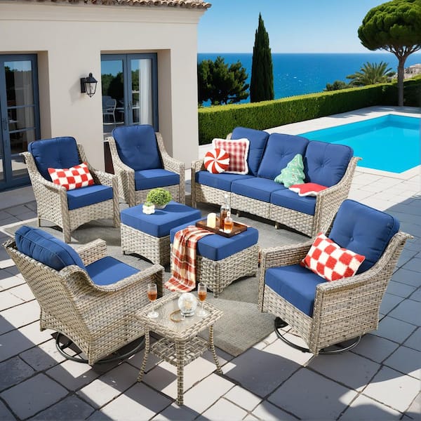 OVIOS Palffy Gray 8-Piece Wicker Patio Conversation Seating Set with Navy Blue Cushions and Swivel Rocking Chairs