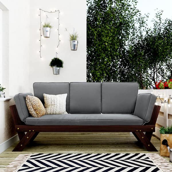 Wateday Brown Wood Outdoor Day Bed Sofa with Gray Cushions