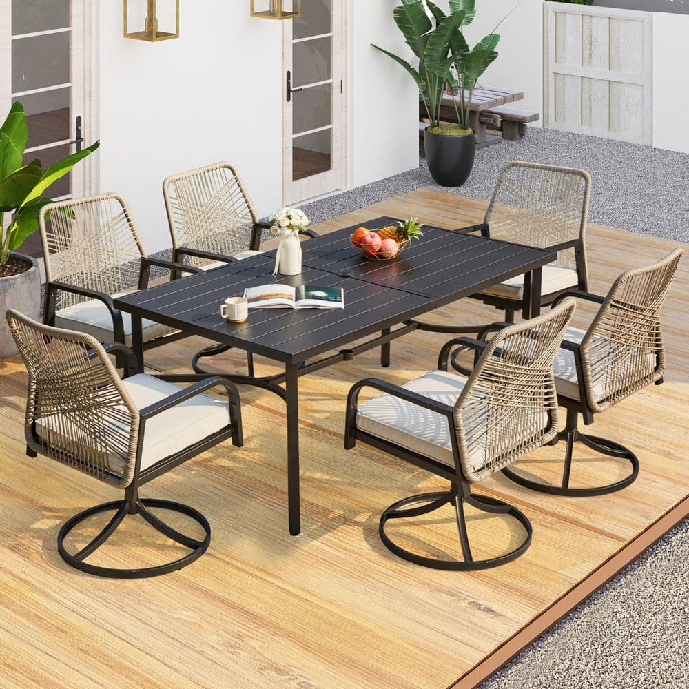 7-Piece Metal Outdoor Dining Set for 6-Woven Swivel Chairs Beige Cushions, 