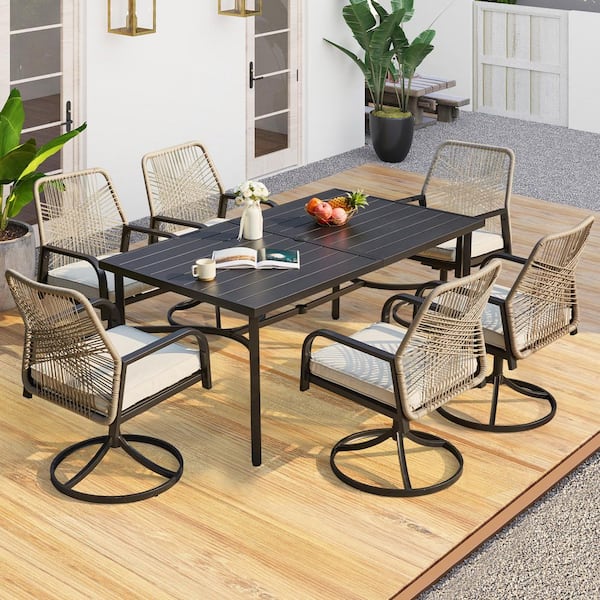 Unbranded 7-Piece Metal Outdoor Dining Set for 6-Woven Swivel Chairs Beige Cushions, Metal Slat Table and 1.96 in. Umbrella Hole