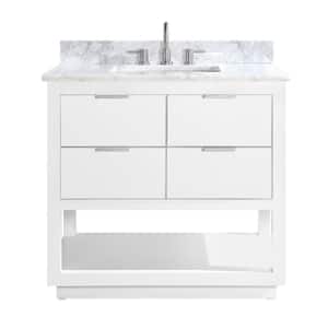 Allie 37 in. W x 22 in. D Bath Vanity in White with Silver Trim with Marble Vanity Top in Carrara White with White Basin