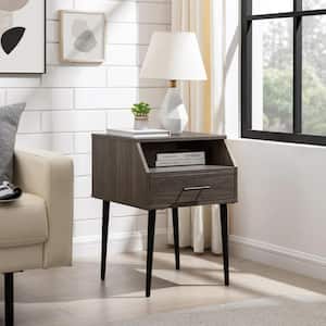 18 in. Slate Grey Angled Rectangle Wood Modern End Table with 1-Drawer
