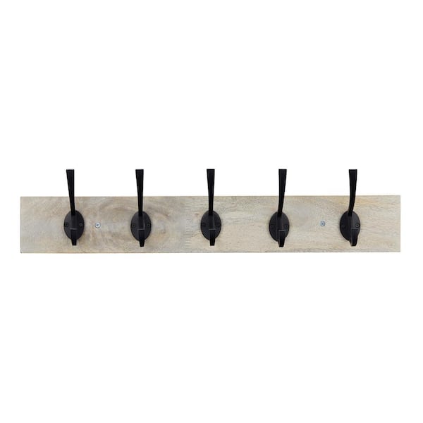 Homeforia Wall Coat Hook Rack - Set of 2 - Walnut Wood Black Metal Hooks