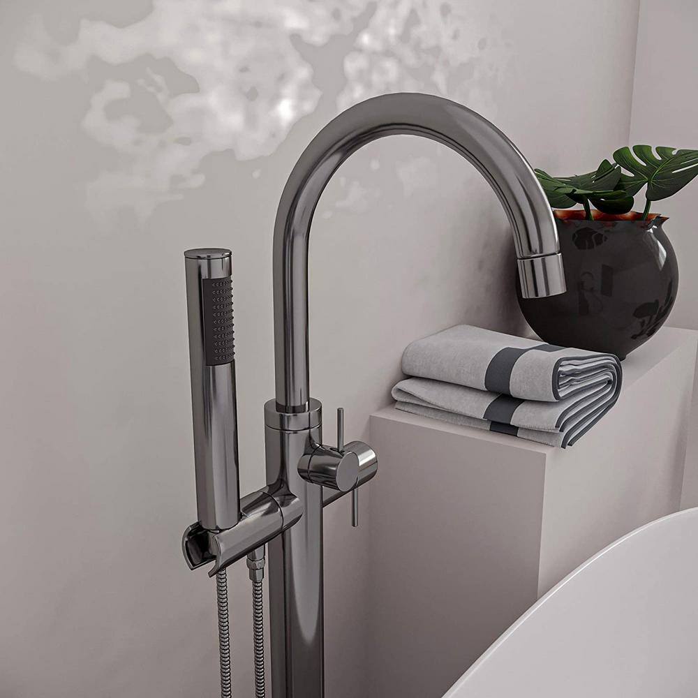 Satin Nickel Floor Mount Freestanding Bathtub Filler Faucet with Handheld Shower