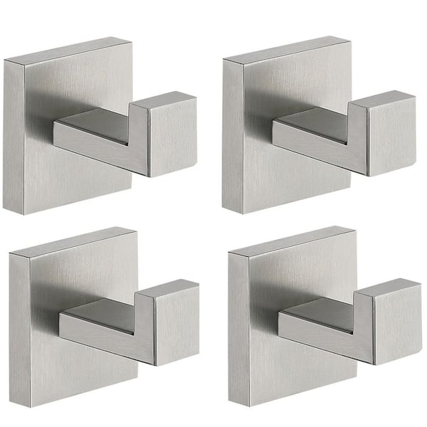 Wall Mounted 4-Pieces J-Hook Robe/Towel Hook Square Coat Hooks in Brushed Nickel
