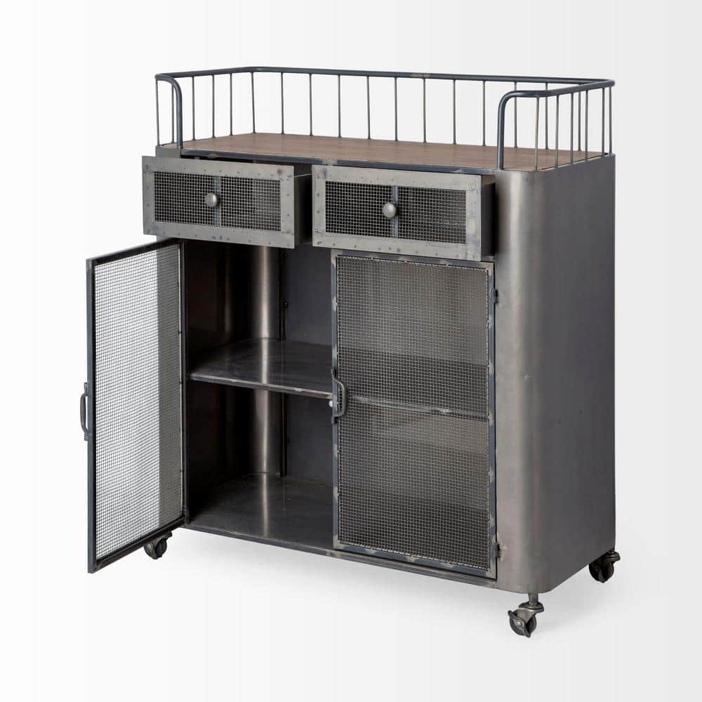 Industrial Gunmetal Gray Rolling Bar Cart with Wood Top