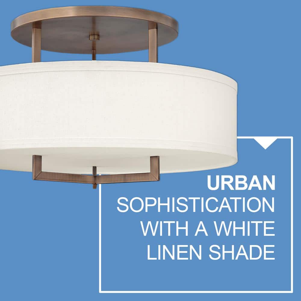 Brushed Bronze 26" Drum Semi-Flush Mount with Off-White Linen Shade