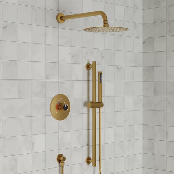 2-Spray 10 in. Wall Mount Dual and Handheld Shower Head with Slider Bar 1.8 GPM in Brushed Gold (Valve Included)
