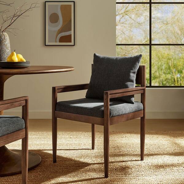 MODWAY Remington Mid-Century Modern Wood Fabric Dining Room Chair in Charcoal-with Open Back and Elm Wood Frame