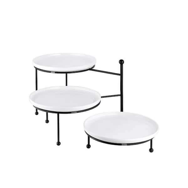 3-Tier Serving Stand with 10 in. White Porcelain Round Plates, Adjustable Cupcake Stand for Party, Wedding, Black
