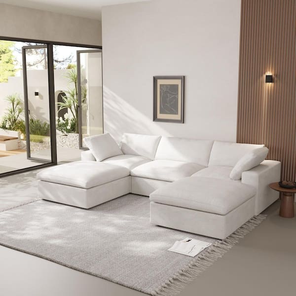 J&E Home 120.45 in. Square Arm 5-piece U Shaped Linen Sectional Sofa in. White with Storage Ottoman and Removable Covers