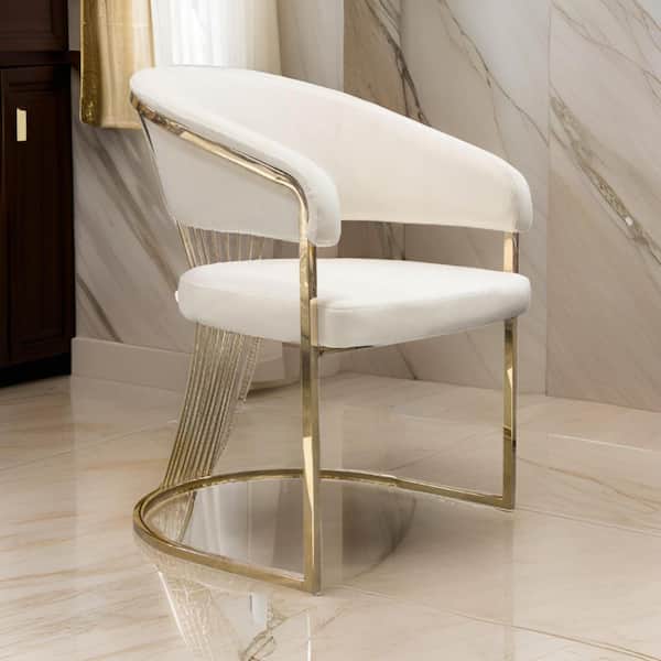 Benjara Cream and Gold Velvet Metal Frame Dining Chair