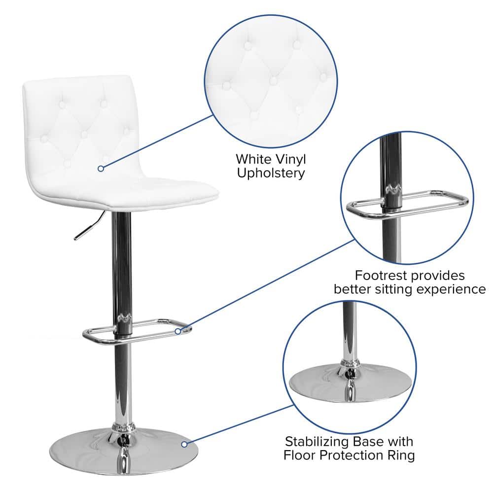 Contemporary Swivel Adjustable Barstool in White Vinyl and Chrome