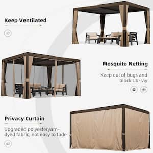 10 ft. x 13 ft. Bronze Louvered Pergola with Adjustable Aluminum Flat Roof Patio Gazebo with Netting and Curtains