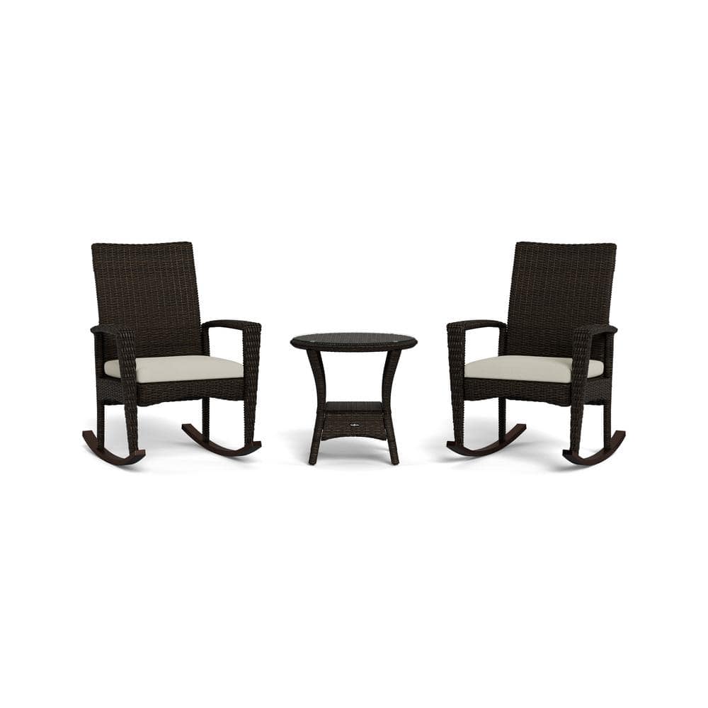 Bayview 3-Piece Pecan Wicker Rocking Chair Set with Tan Cushions (2 Patio R